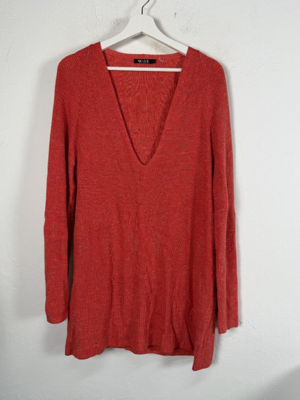 NIC+ZOE Womens Rust Orange Deep V-Neck Knit Sweater Tunic Large Pullover Casual